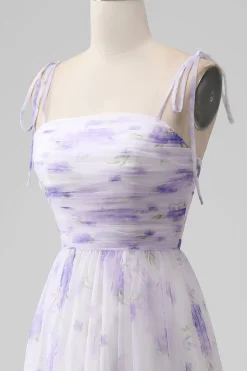 Lavender Flower Spaghetti Straps A Line Long Bridesmaid Dress with Slit