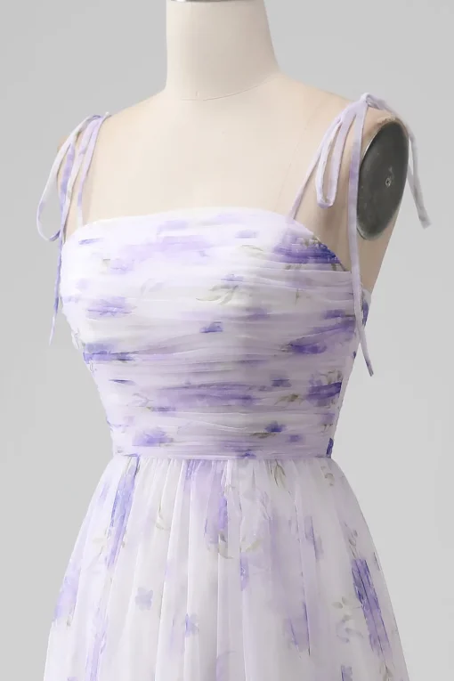 Lavender Flower Spaghetti Straps A Line Long Bridesmaid Dress with Slit