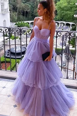 Lavender Layered Corset Princess Prom Dress with Bow
