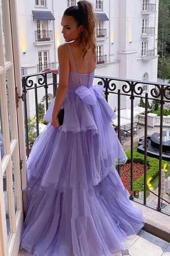 Lavender Layered Corset Princess Prom Dress with Bow