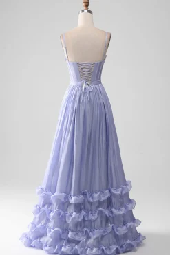 Lavender Spaghetti Straps A Line Ruffles Prom Dress with Slit