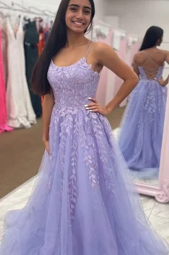 Lavender Tulle A Line Prom Dress with Appliques
