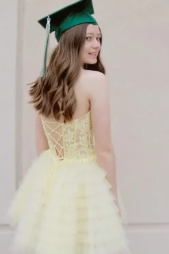 Lemon Yellow A Line Tiered Corset Tulle Cute Graduation Dress