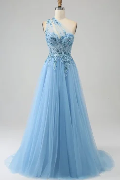 Light Blue A-Line One Shoulder Sequin Prom Dress with Appliques
