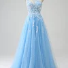 Light Blue A-line One Shoulder Tulle Long Prom Dress with Appliques