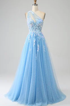 Light Blue A-line One Shoulder Tulle Long Prom Dress with Appliques