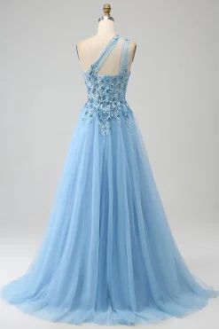 Light Blue A-Line One Shoulder Sequin Prom Dress with Appliques