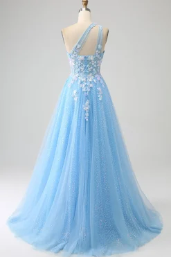 Light Blue A-line One Shoulder Tulle Long Prom Dress with Appliques