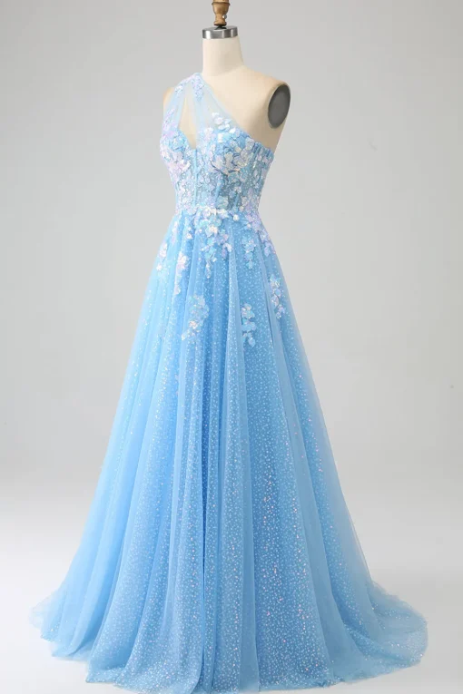 Light Blue A-line One Shoulder Tulle Long Prom Dress with Appliques
