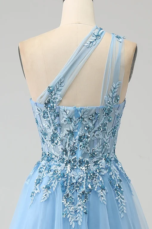 Light Blue A-Line One Shoulder Sequin Prom Dress with Appliques