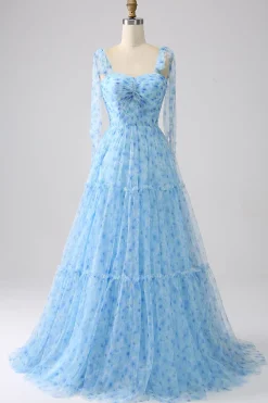Light Blue A-Line Spaghetti Straps Long Prom Dress