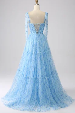 Light Blue A-Line Spaghetti Straps Long Prom Dress