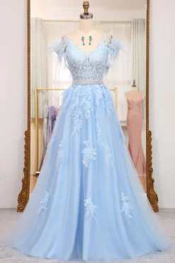 Light Blue A-line Tulle Corset Prom Dress with Appliques