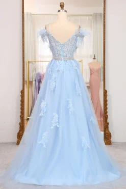 Light Blue A-line Tulle Corset Prom Dress with Appliques