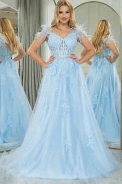 Light Blue A-line Tulle Spaghetti Straps Corset Prom Dress with Feather