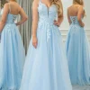 Light Blue A-line Tulle Spaghetti Straps Prom Dress with Appliques