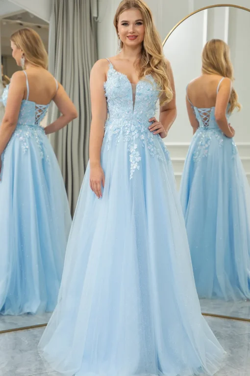Light Blue A-line Tulle Spaghetti Straps Prom Dress with Appliques