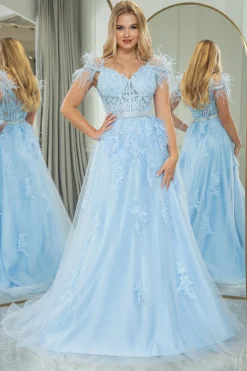 Light Blue A-line Tulle Spaghetti Straps Corset Prom Dress with Feather