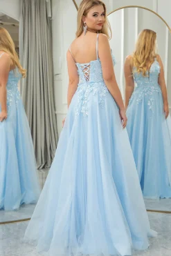 Light Blue A-line Tulle Spaghetti Straps Prom Dress with Appliques