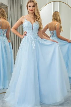 Light Blue A-line Tulle Spaghetti Straps Prom Dress with Appliques