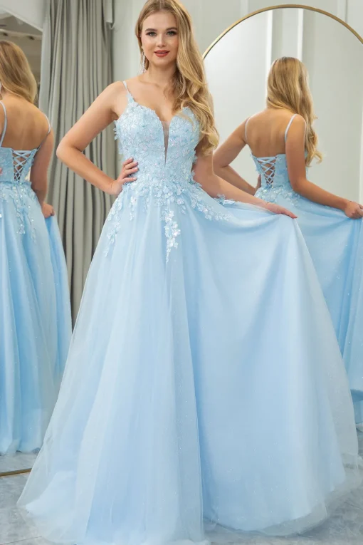 Light Blue A-line Tulle Spaghetti Straps Prom Dress with Appliques
