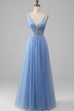Light Blue A-Line V Neck Tulle Prom Dress With Appliques