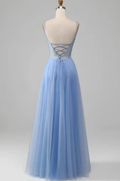 Light Blue A-Line V Neck Tulle Prom Dress With Appliques