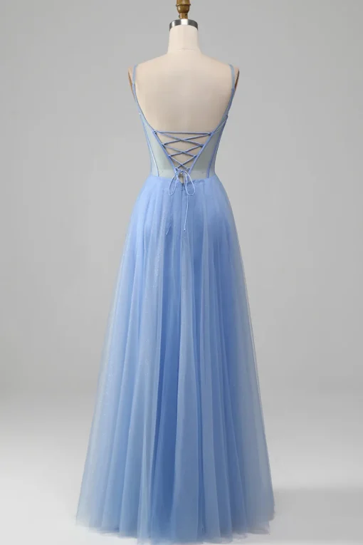 Light Blue A-Line V Neck Tulle Prom Dress With Appliques