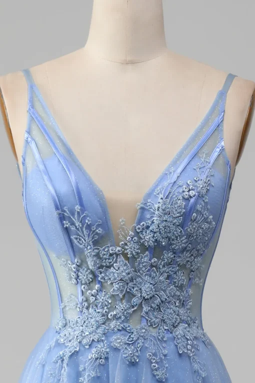 Light Blue A-Line V Neck Tulle Prom Dress With Appliques