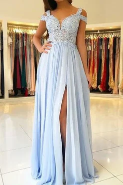 Light Blue Cold Shoulder Beading Prom Dress with Slit