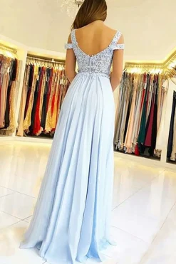 Light Blue Cold Shoulder Beading Prom Dress with Slit