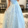 Light Blue Lace Off the Shoulder Princess Prom Dress