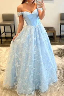 Light Blue Lace Off the Shoulder Princess Prom Dress