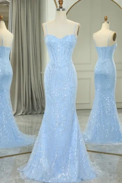 Light Blue Mermaid Spaghetti Straps Corset Long Prom Dress with Sequins