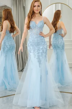 Light Blue Mermaid Spaghetti Straps Tulle Long Prom Dress with Appliques