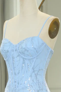 Light Blue Mermaid Spaghetti Straps Corset Long Prom Dress with Sequins