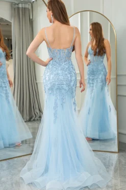 Light Blue Mermaid Spaghetti Straps Tulle Long Prom Dress with Appliques