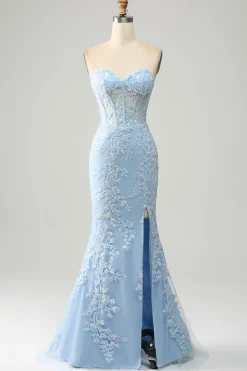 Light Blue Mermaid Strapless Corset Long Prom Dress with Slit