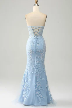 Light Blue Mermaid Strapless Corset Long Prom Dress with Slit