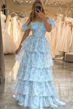 Light Blue Printed A Line Off the Shoulder Long Tiered Corset Prom Dress