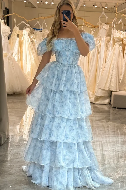 Light Blue Printed A Line Off the Shoulder Long Tiered Corset Prom Dress