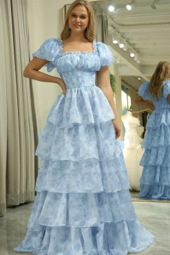 Light Blue Printed A Line Long Tiered Corset Prom Dress
