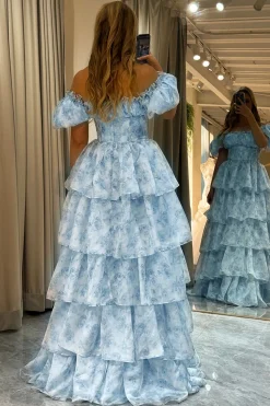 Light Blue Printed A Line Off the Shoulder Long Tiered Corset Prom Dress