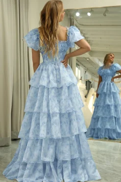 Light Blue Printed A Line Long Tiered Corset Prom Dress