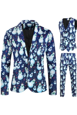 Light Blue Single Button Snowman Print 3 Piece Men's Christmas Suit