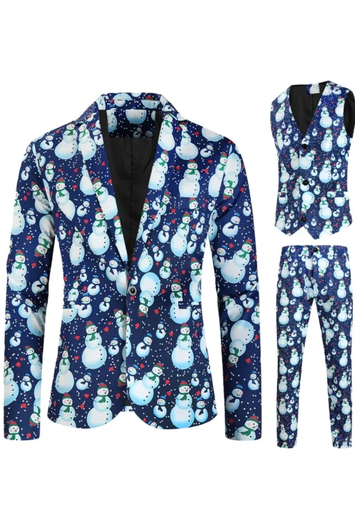 Light Blue Single Button Snowman Print 3 Piece Men's Christmas Suit