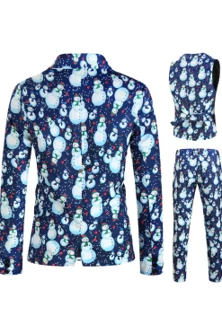 Light Blue Single Button Snowman Print 3 Piece Men's Christmas Suit