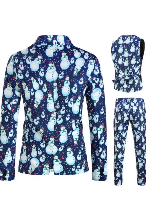 Light Blue Single Button Snowman Print 3 Piece Men's Christmas Suit