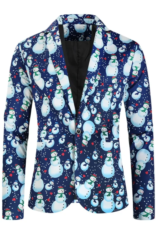 Light Blue Single Button Snowman Print 3 Piece Men's Christmas Suit