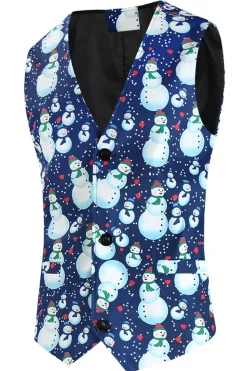 Light Blue Single Button Snowman Print 3 Piece Men's Christmas Suit